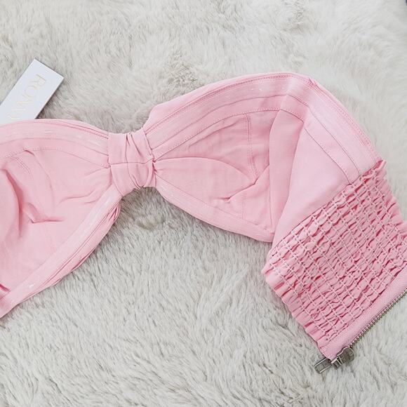 Ronny Kobo Mayah Crop Top Petal Pink Linen Bandeau Knot Smocked Resort S Revolve - Picture 9 of 12